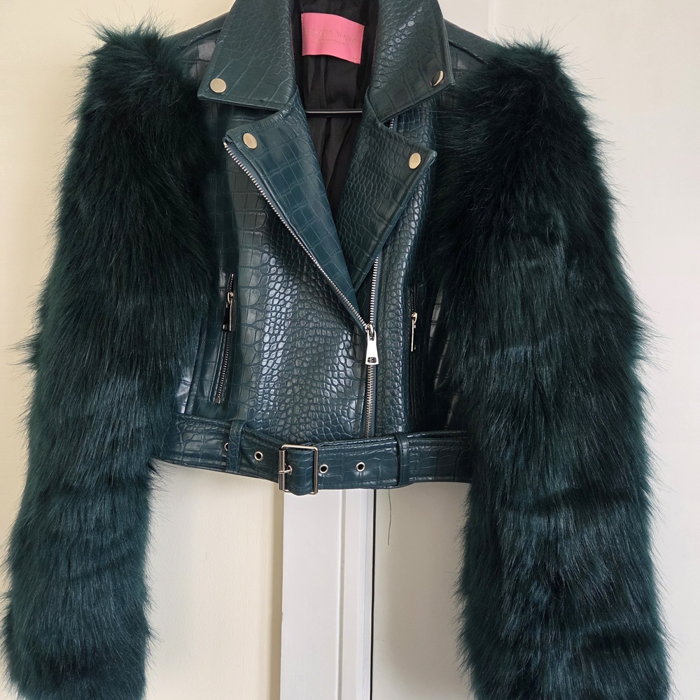 Faux Fur and Croc-Embossed Leather Jacket - Green